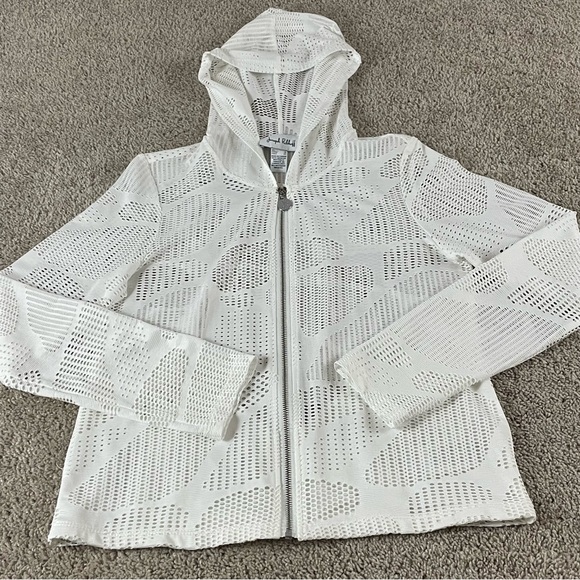 Joseph Ribkoff Hoodie Women’s 6 Full Zip Up White Mesh Hooded Top F389 - Picture 1 of 13